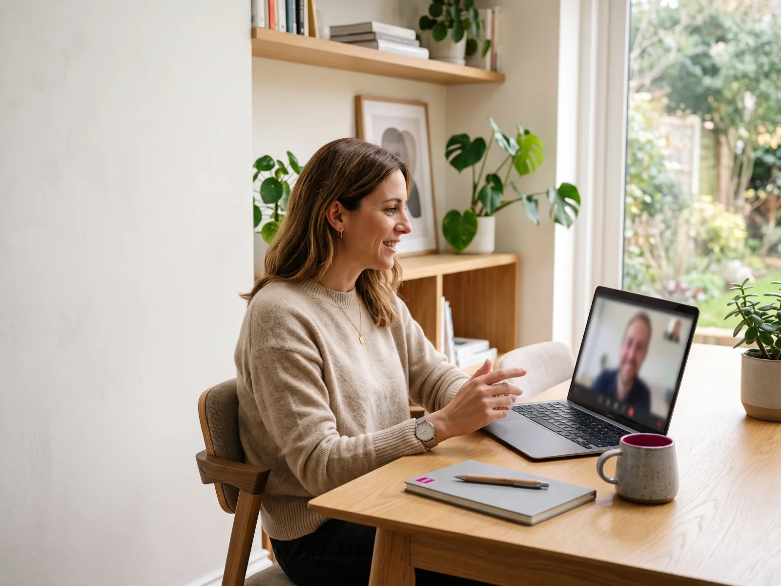 Mujer adulta participando en una videollamada desde un portatil en un entorno domestico luminoso.
