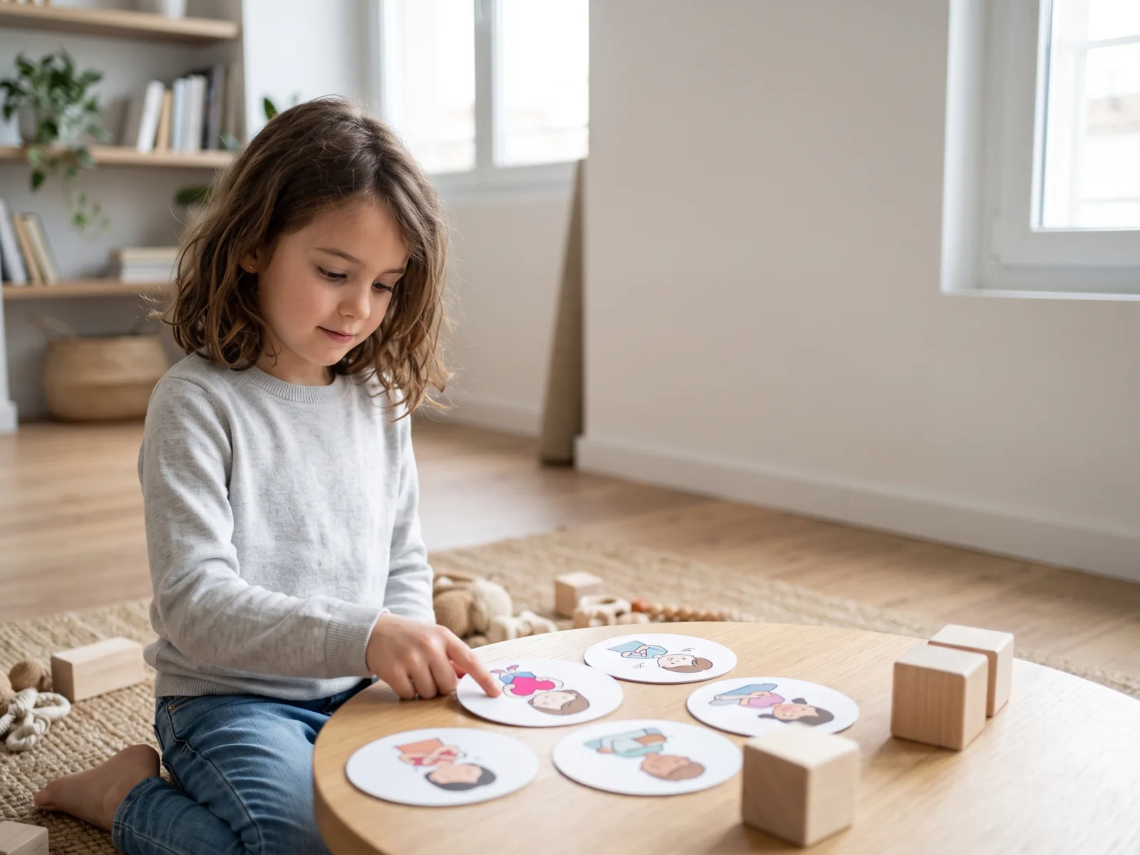Niña realizando una actividad tranquila con tarjetas ilustradas sobre una mesa baja.
