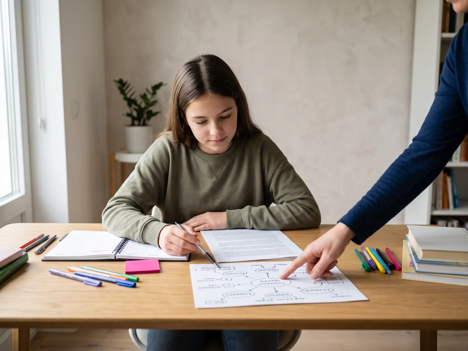 Alumna realizando una actividad de aprendizaje con un esquema visual y apoyo parcial de una persona adulta.