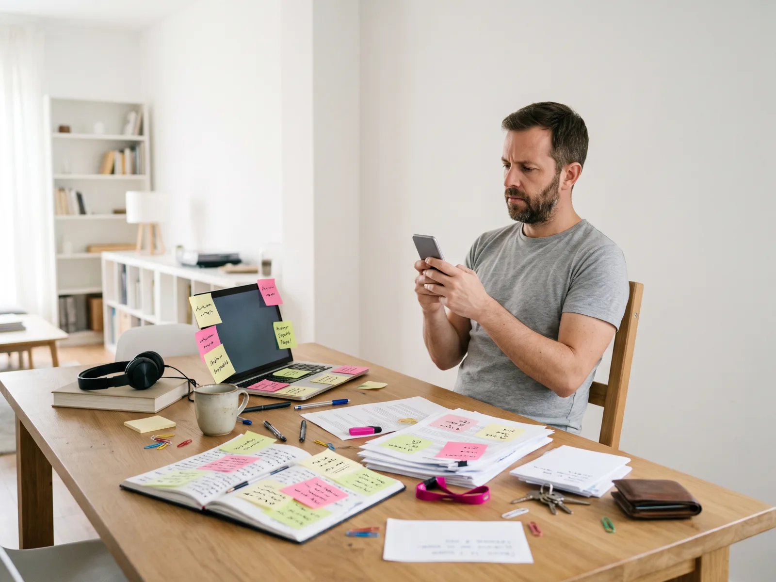 Hombre adulto junto a una mesa de trabajo doméstica con agenda, papeles, auriculares, llaves y cartera.