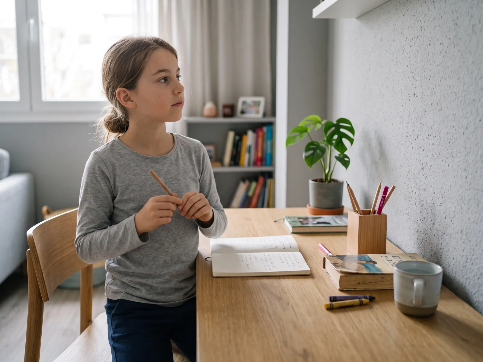 Niña junto a un escritorio, con un lápiz en las manos y un cuaderno abierto, mirando hacia un lado.